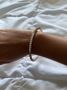 Gold and White Beaded Bangle Bracelet - Women Jewelry